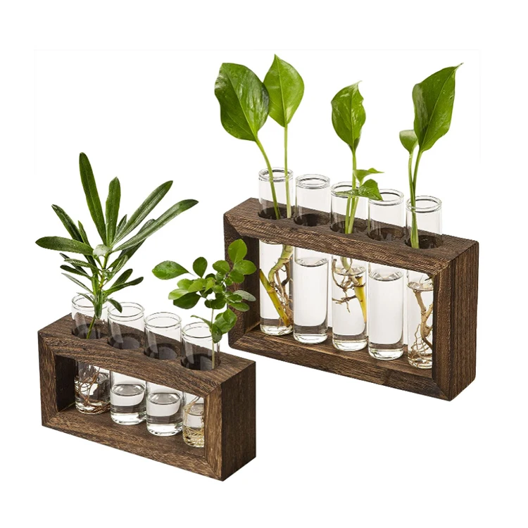 Wall Mounted Hanging Planter 9 Test Tubes Terrarium Planter Vase Kit with Wooden Stand for Propagating Hydroponic Plants