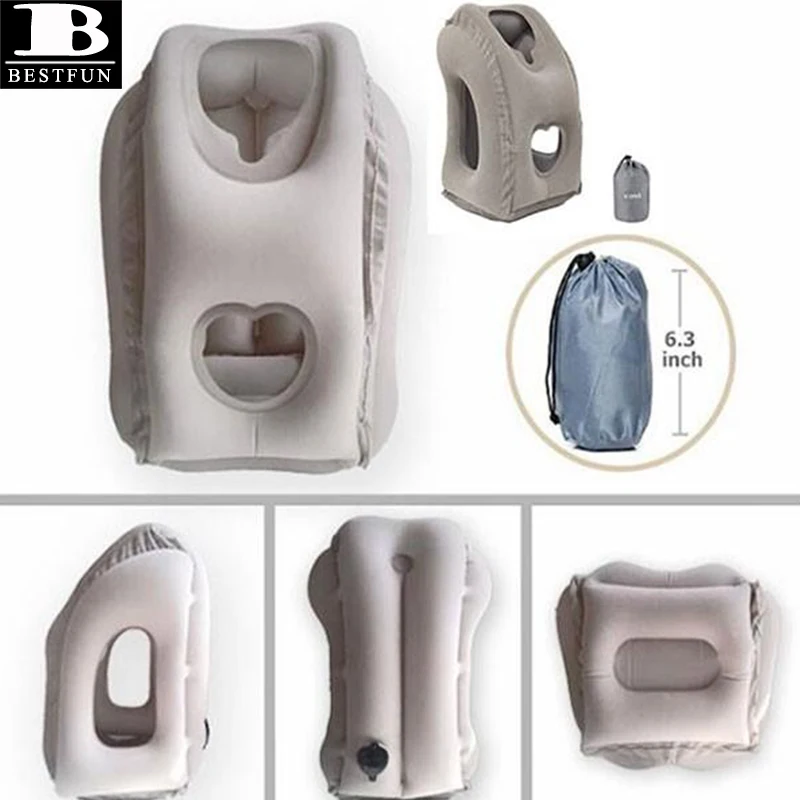 downy flocking inflatable travel pillow with head and arm rests for airplane, bus, train, car, camping, backpacking