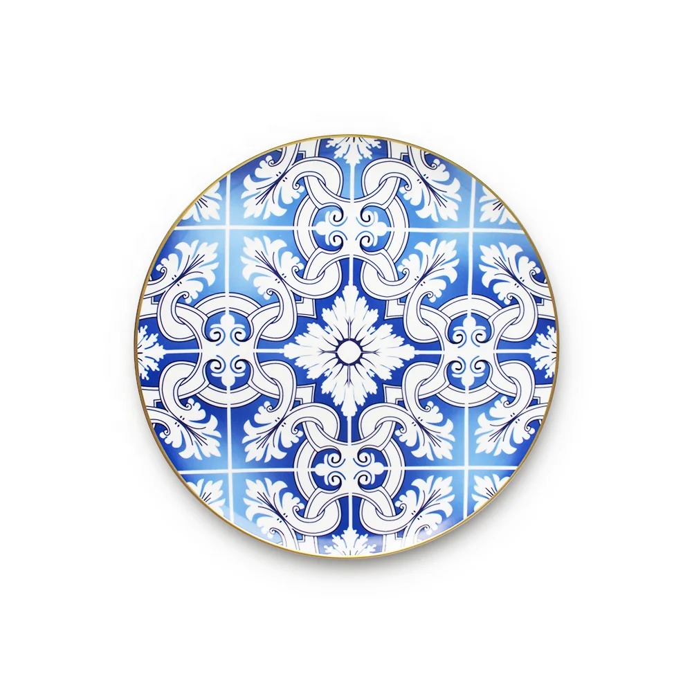 Wholesale gold rim bone china charger plates blue and white wedding design dinnerware sets