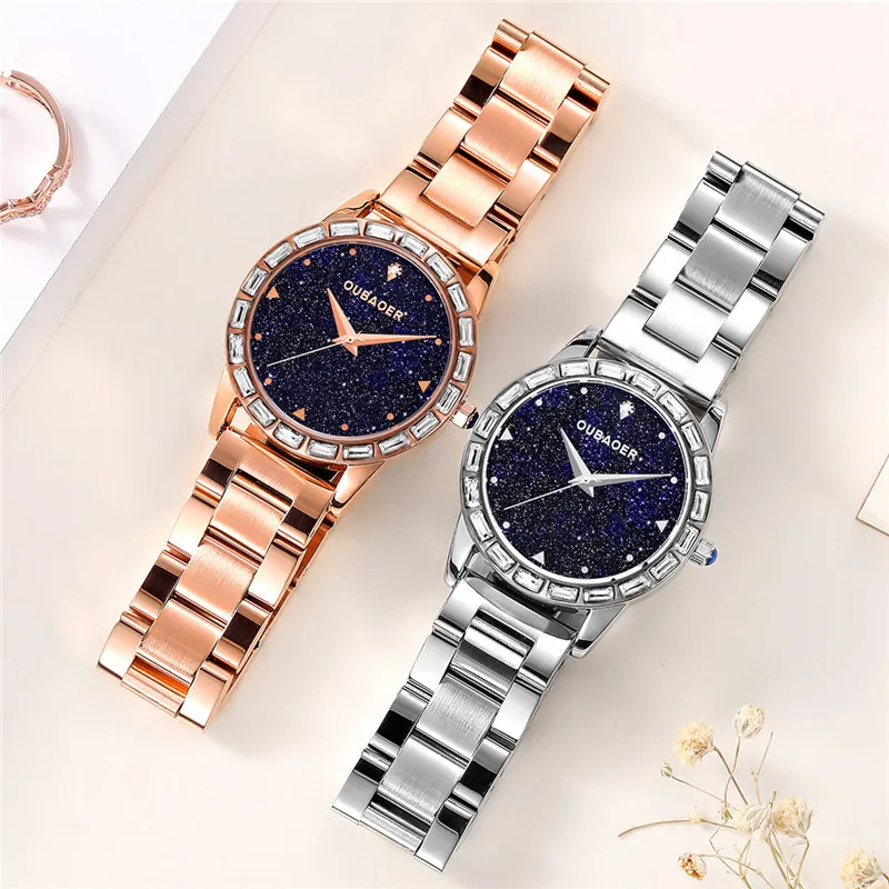OUBAOER 2017 western rose gold girls quartz watch stylish steel Strap Waterproof bling character Casual wrist watch