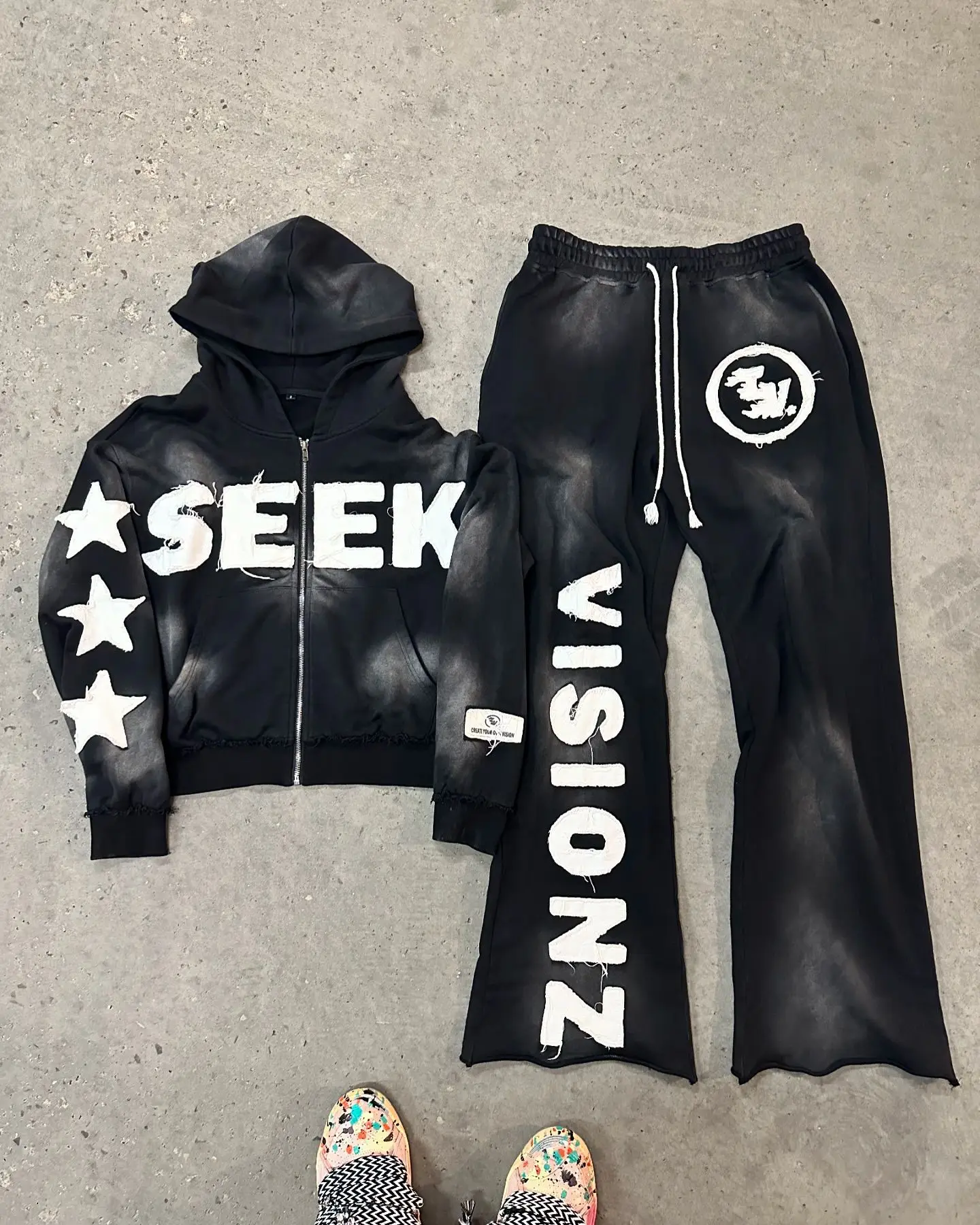 OEM Heavy Weight Zip up Hoodies With Raw Hem Sweatpants Acid Wash Stone Vintage 2 Piece Distresses Tracksuit for Man or Women