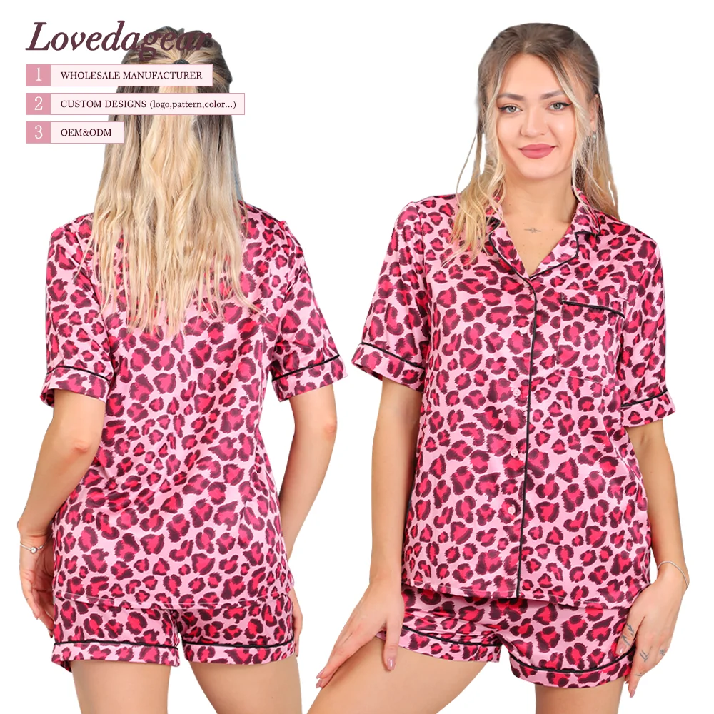 Wholesale Custom Summer Customized Designer Pink Leopard Woman Satin Pajamas for Women Set