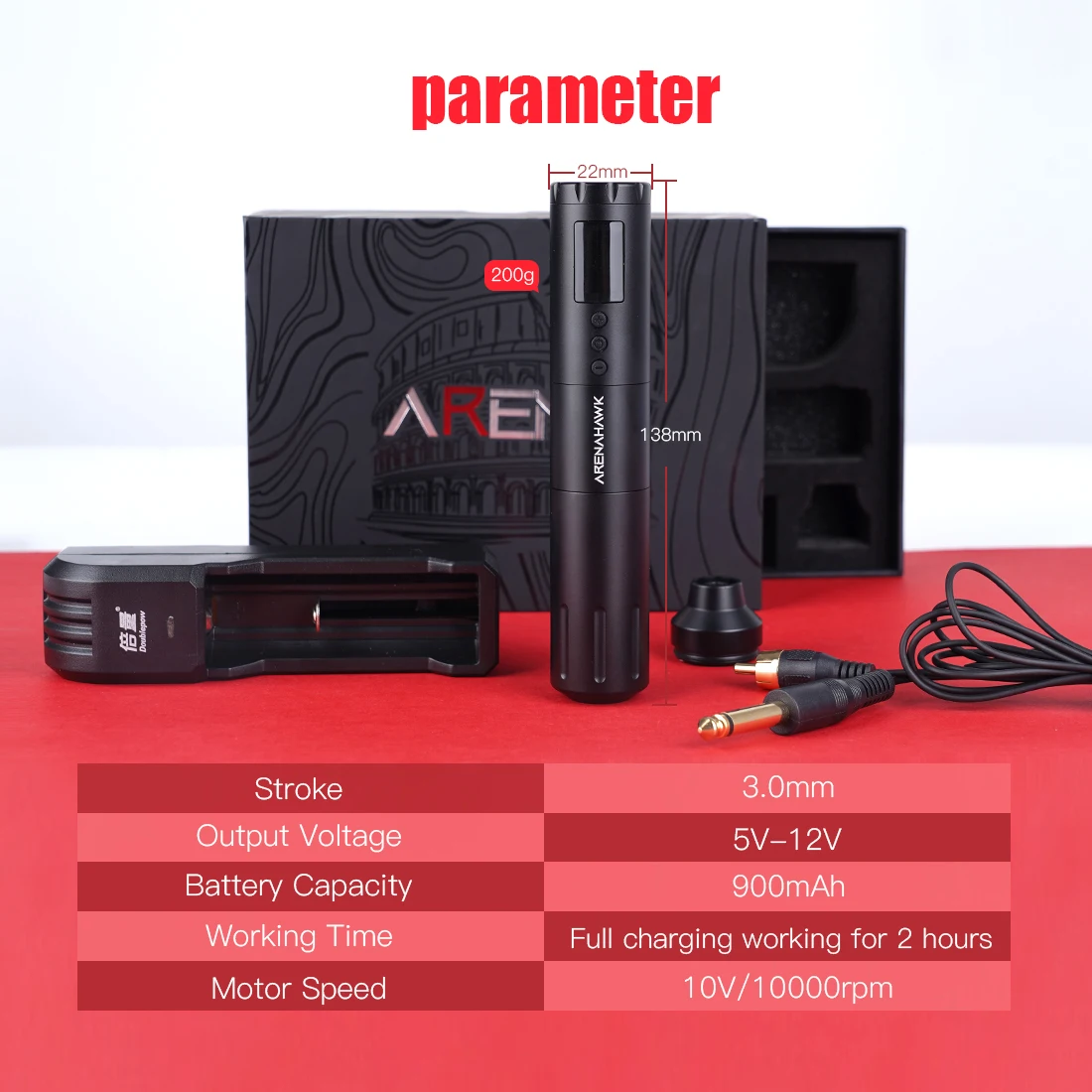 Arenahawk New 3.0mm Stroke Wireless Battery RCA Tattoo Pen Machine for Tattoo Beginner