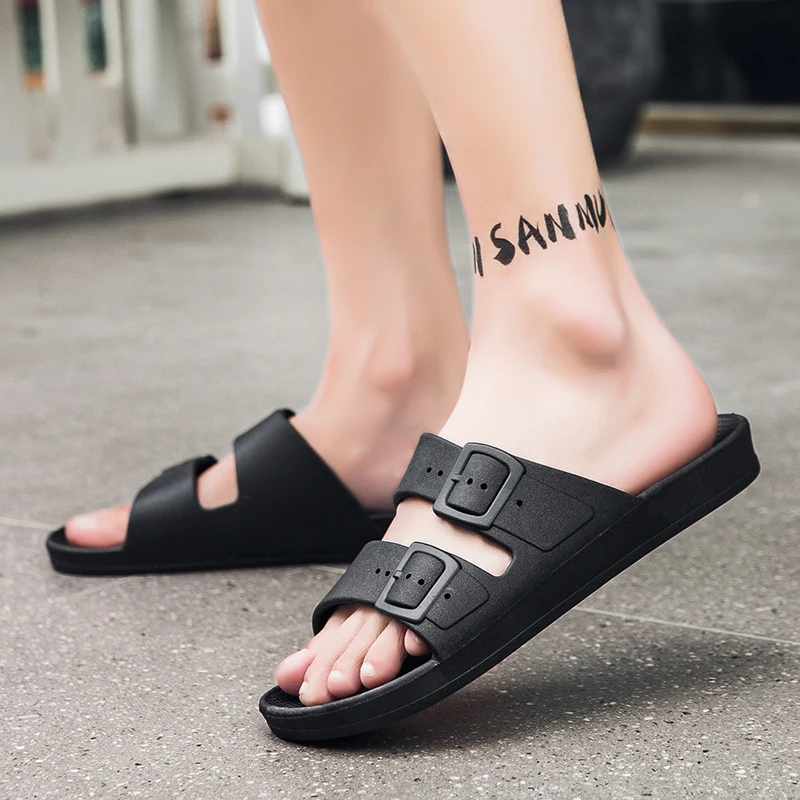 Luxury Designer Black Sandals for Men Custom Office Flat Straps Soft Comfortable Air Leather Clogs for Outdoor Use Cheap Branded