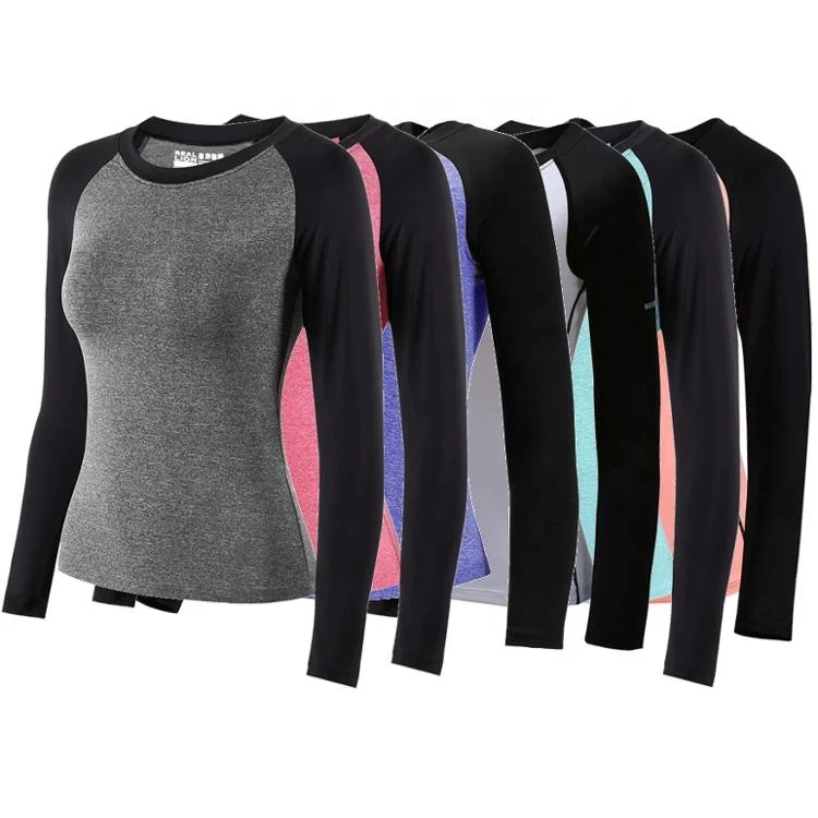 
2019 New Women Heather Fabric Slim Fit Long Sleeve Quick Dry Sports Compression T Shirts Gym Yoga Cycling Sportswear 