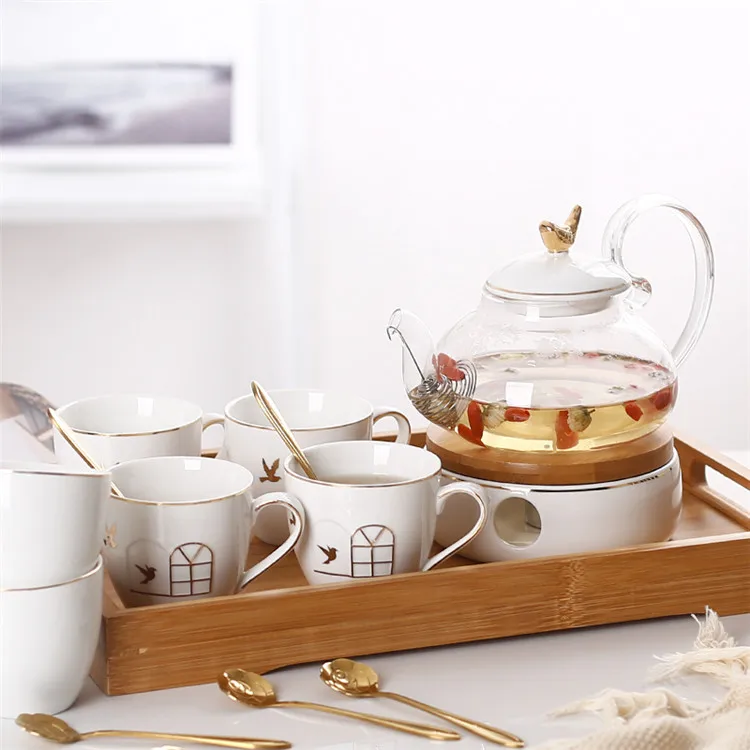 Bird design luxury drinkware glass teapot ceramic coffee cups coffee set with logo