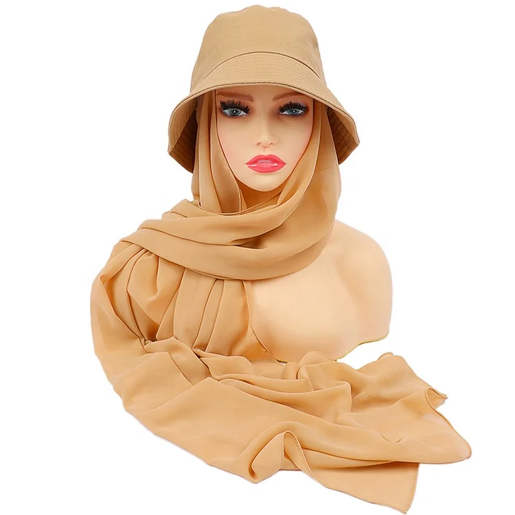 Fashion ladies instant plain chiffon hijab fisherman hats head scarf for muslim women bucket hat cap scarf