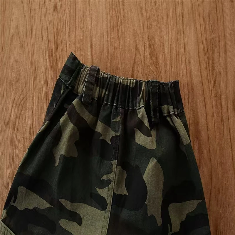 2024 Summer Girls Camouflage Tracksuit Piece Set Girls Suspenders + Mesh + Camouflage Pants 3 Piece Set Girls Outing Clothes