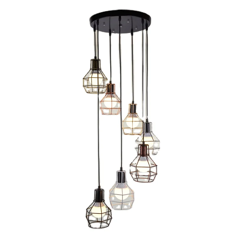 Nordic Modern Duplex Iron Multi Head Combination Loft Industrial Style Staircase Long Grenade Black E27 Stair Pendant Lamp