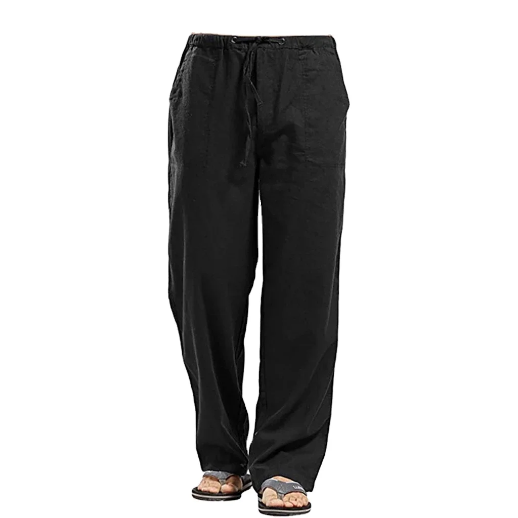 Брюки мужские однотонные льняные, прямые повседневные свободные штаны с несколькими карманами, на шнуровке, большие размеры, лето