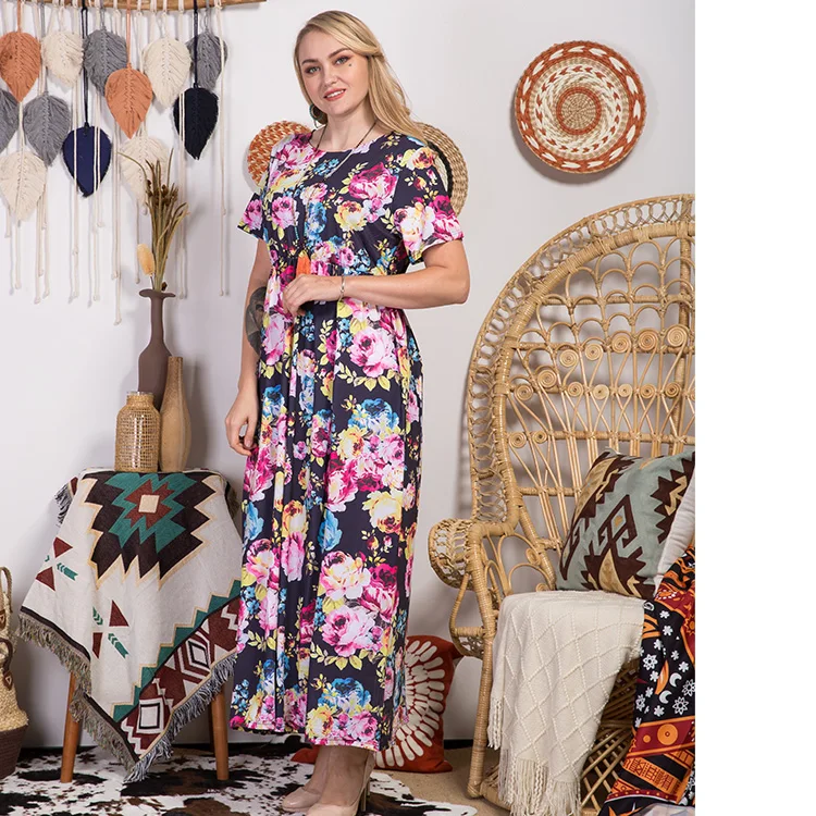 High Quality Plus Size Fashion Maxi Dress Short Sleeve Ladies Women Casual Floral Long Maxi Sundress Dresses