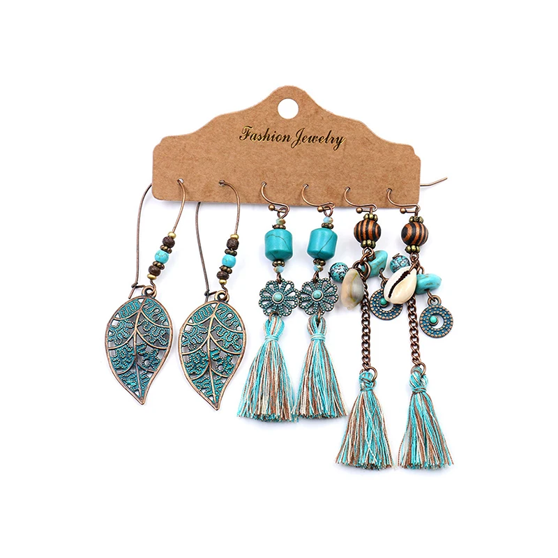 Fashion Bohemian Beaded Leaf Floral Hollow Out Women Tassel Earrings Set