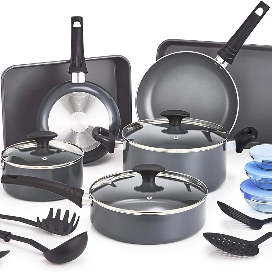 21 Piece Nonstick Cookware Set with Glass Lids - Aluminum Bakeware, Pots and Pans, Storage Bowls & Utensils