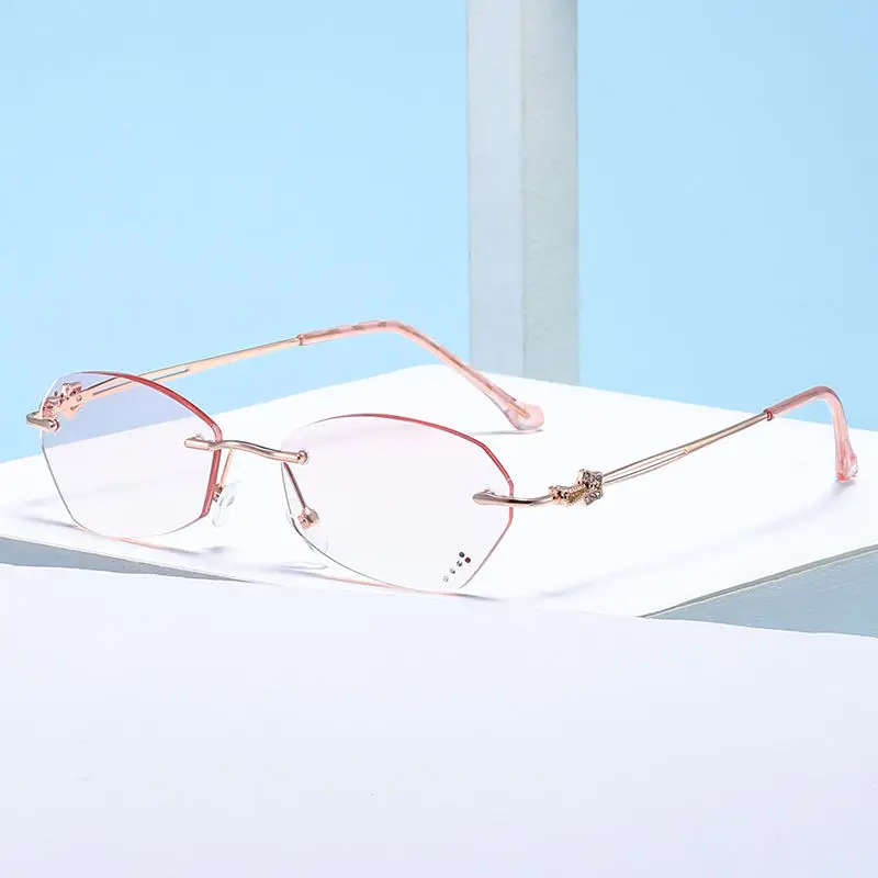 Diamond-Cut Edge Diamond Women Anti-Blue Light Reading Glasses Elegant Fashion Rimless Glasses Gold Frame Pink Lens