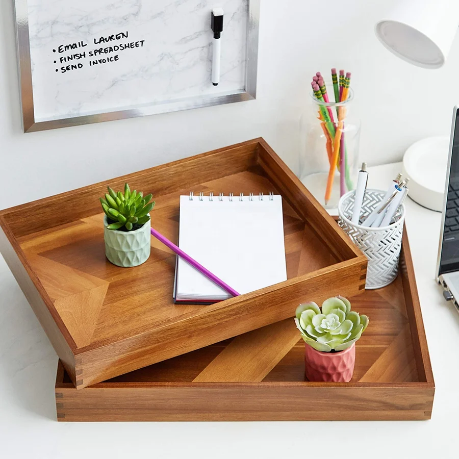 Luxury wholesale premium wood serv tray plate 2 pcs wooden serving tray set with handles