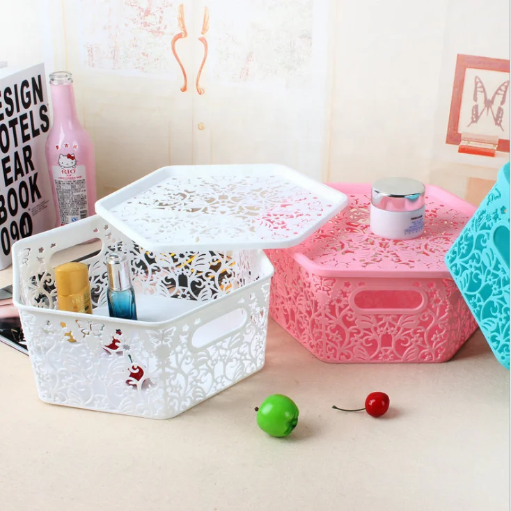 Stackable plastic storage basket with lid of cloth toys tool book Organizer