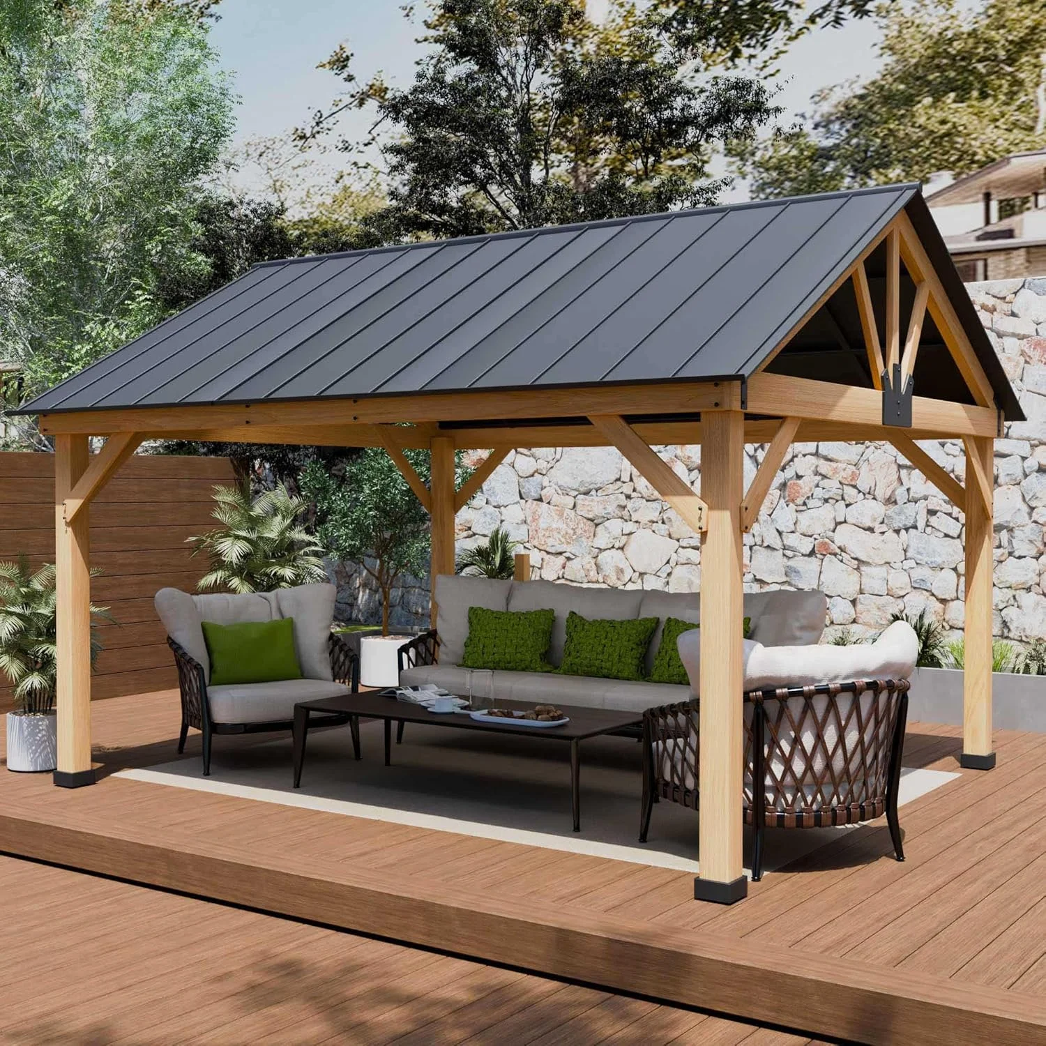 Outdoor Permanent Gazebo Pavilion Galvanized Steel Gable Roof Gazebo with Wood Grain Aluminum Frame Hardtop Gazebo