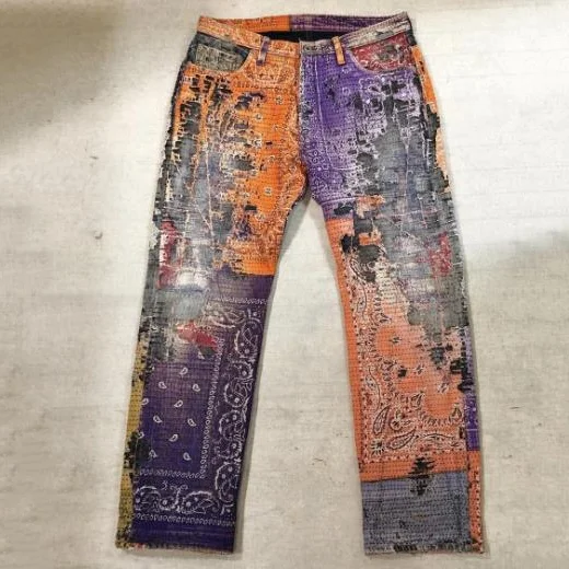 AIPA Denim manufacturer Custom Bandanna Paisley pattern patch Men Jean Pants Stacked Flared fit Jean