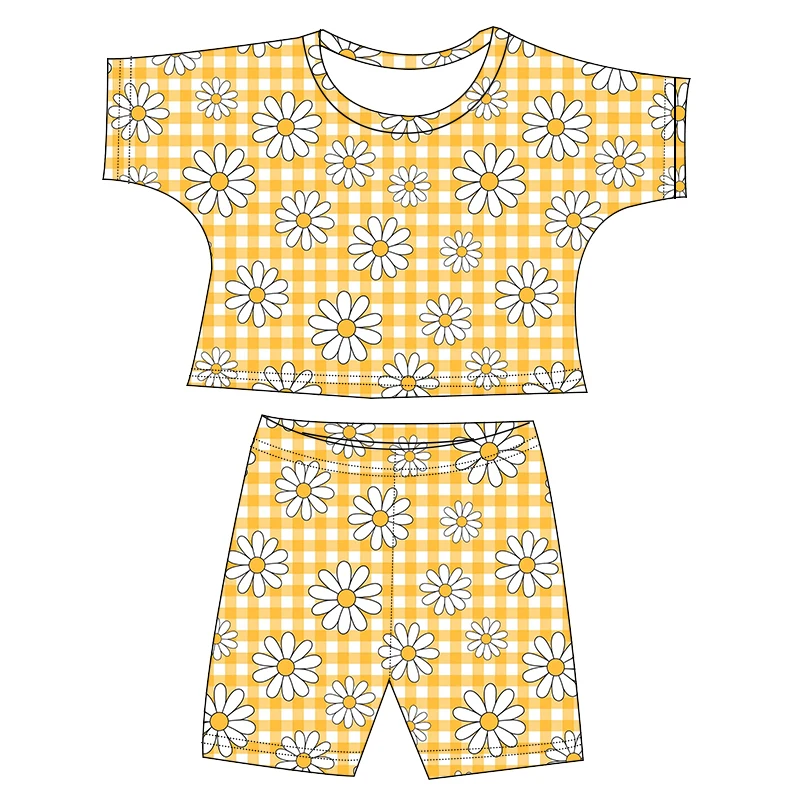 Wholesale Western Print Short Sleeve Crop Top Shirt Biker Short 2 Pieces Sets For Girl Summer Outfits Kids Lounge Sets