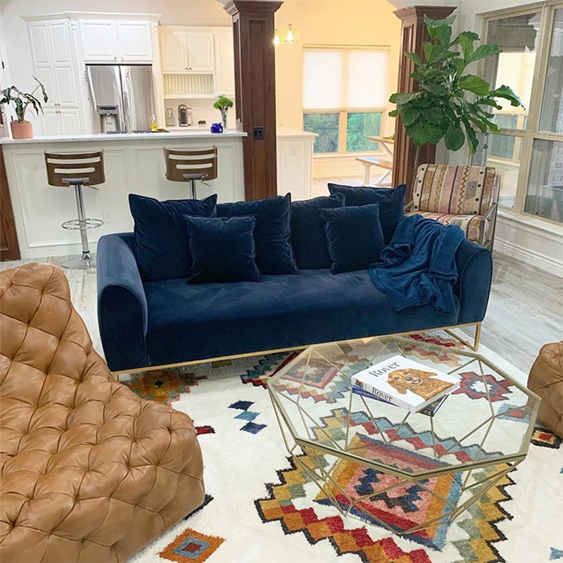 Family Sofa Sets European Modern Single Seat Furniture Velvet Fabric Cover couch living room sofa set with golden leg