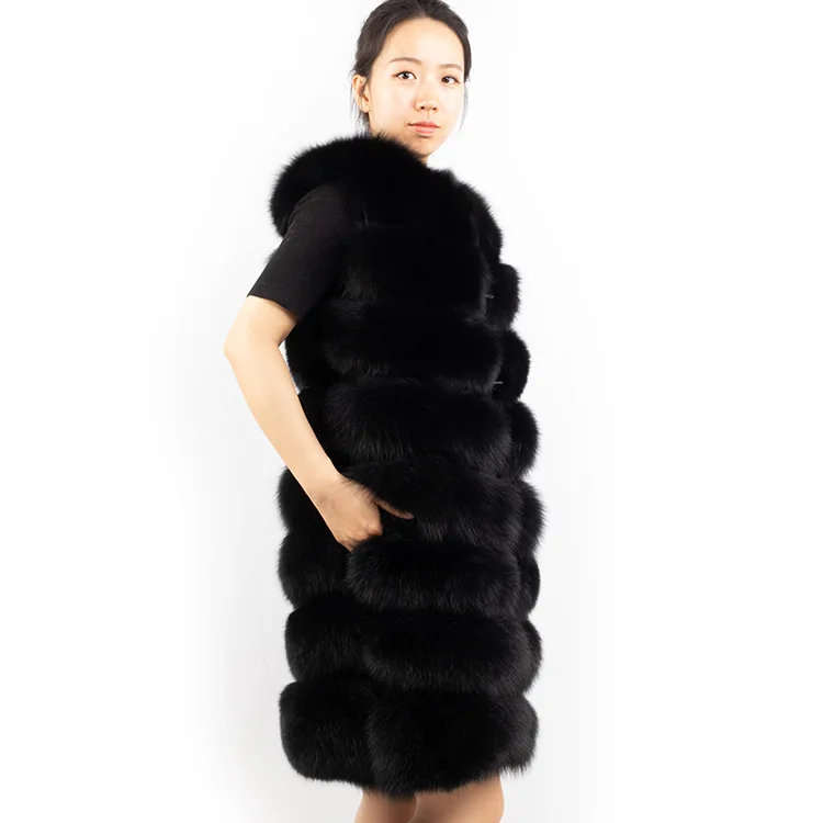 wholesale winter warm fluffy  90cm long dyed color girls fur gilet custom grey black beige pink real fox fur vest for women