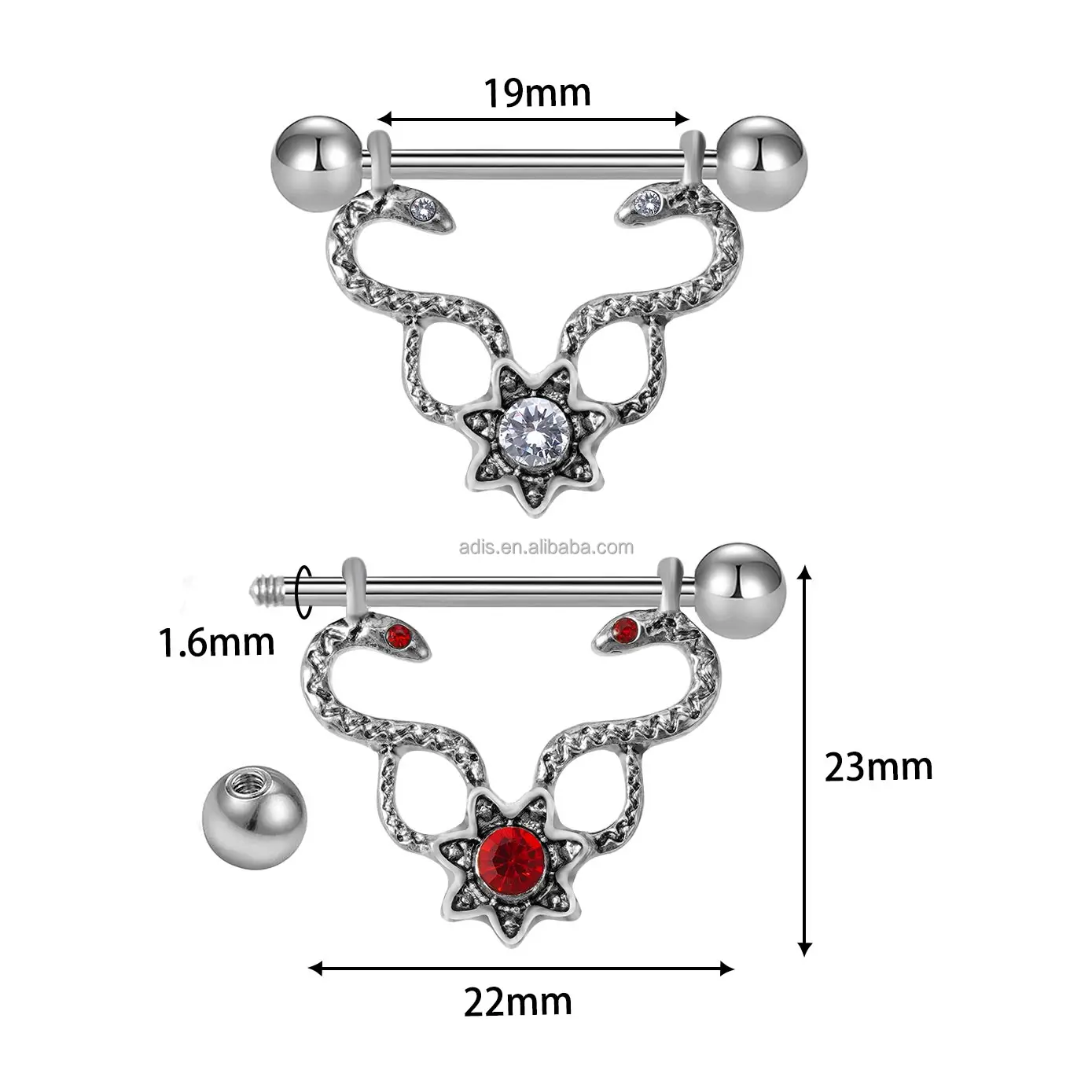 High Polished 14G Sexy Snake Design Nipple Barbell Red Eye Gem Nipple Piercing For Women Men