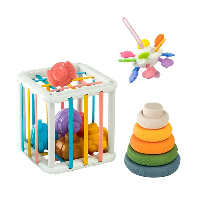 OEM Montessori Sensory Learning 0-12 Months Baby Toys 4 in 1 Multifunctional Silicone Biteable Stacked Building Block Loop Toy