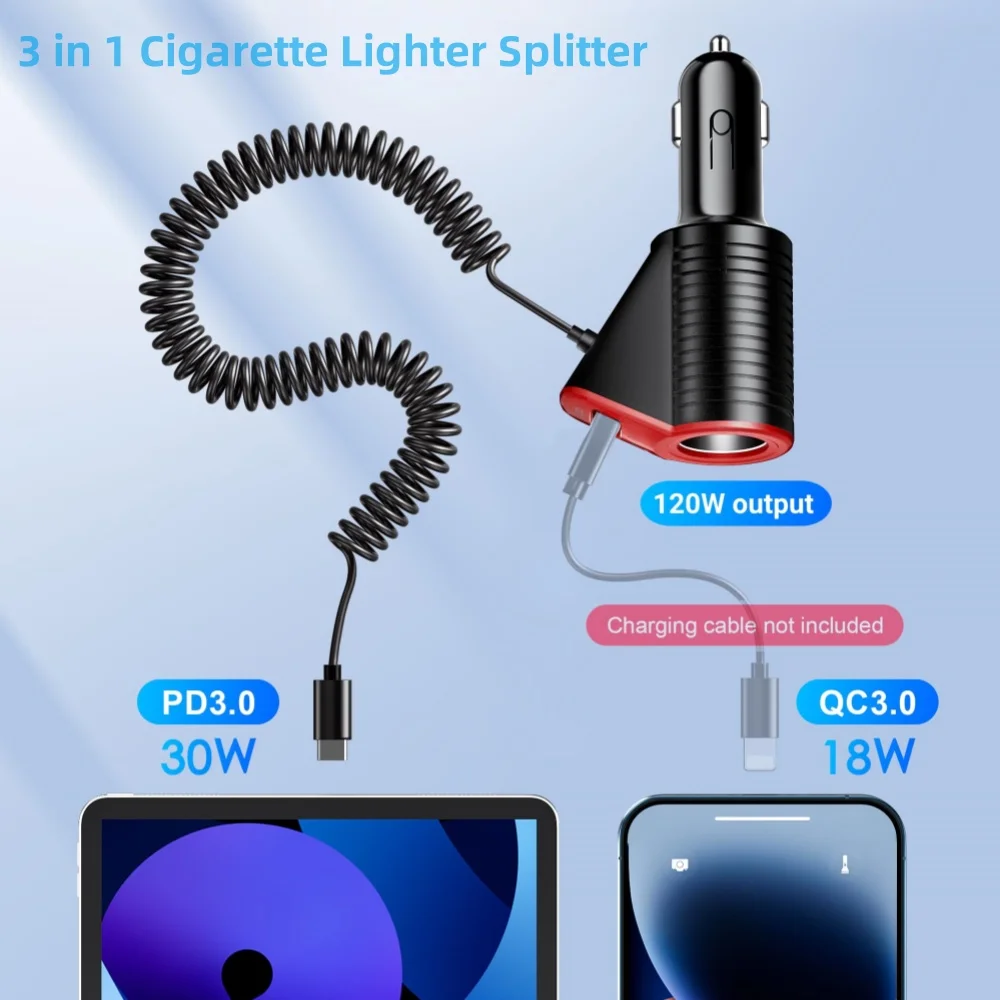 3 in 1 Car Charger Adapter USB C Car Fast Charger PD QC3.0 with 6ft 30W Type C Coiled Cable 120W Cigarette Lighter Splitter