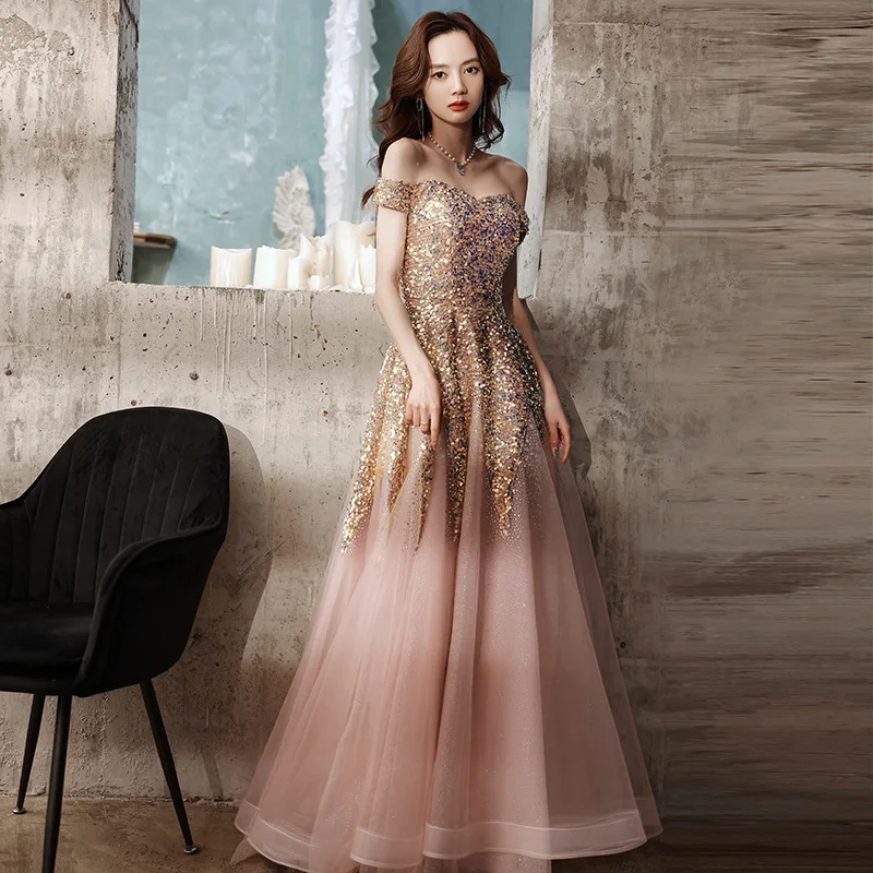 Luxury sequined beading Sleeveless Off-Shoulder Strapless A-Line polyester Short Linen tulle Ball Gown Prom Dresses