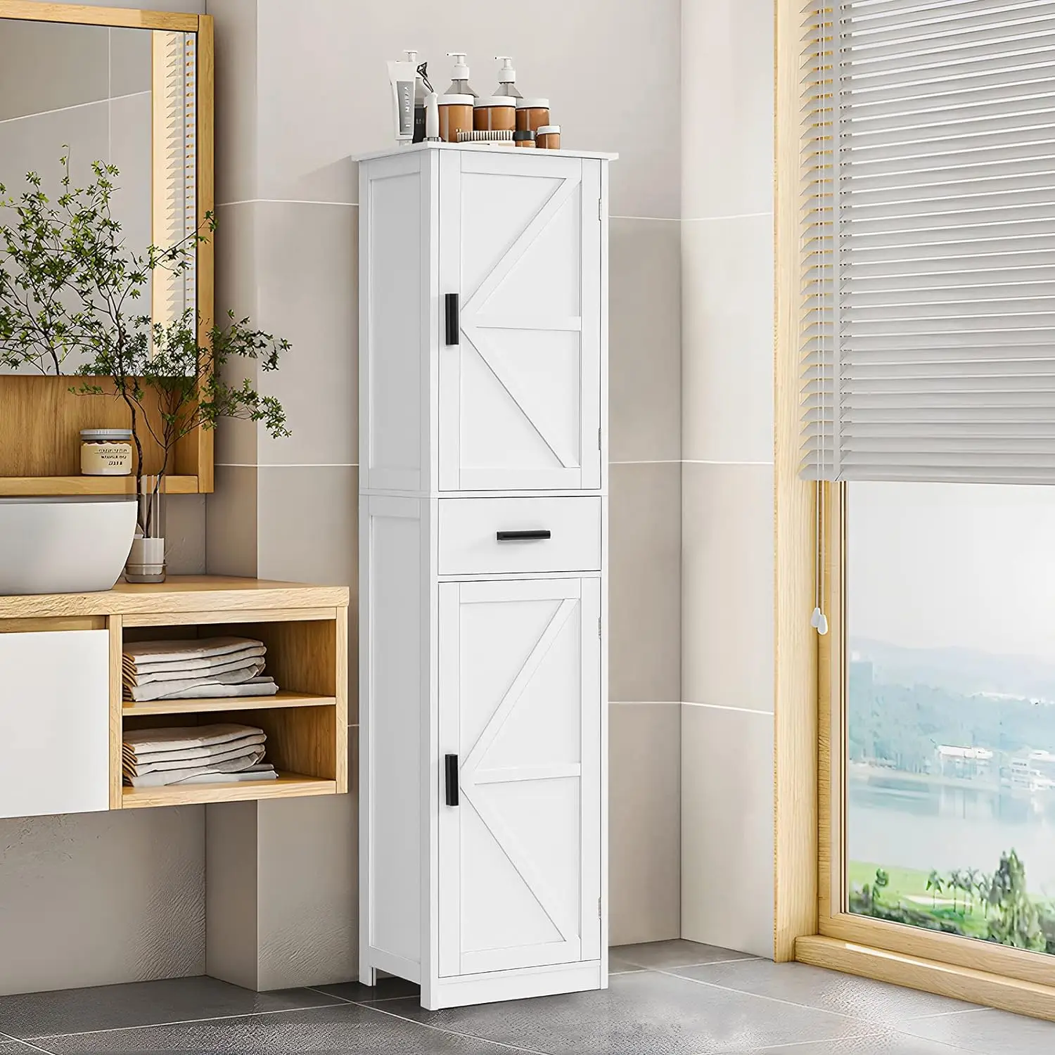Tall Bathroom Cabinet Storage Cabinet with 6 Shelves & Drawer Narrow Storage Cabinet with Adjustable Shelves