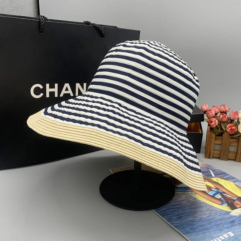 2022 new classic black and white stripes beach hat foldable wide brim Hat Summer Beach Floppy Sun Cruise Hat