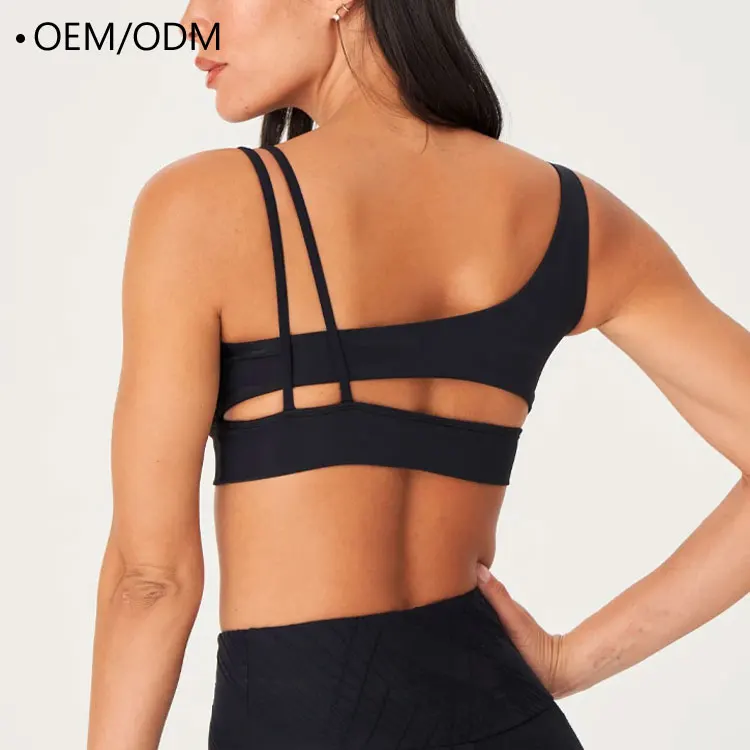 High Impact Customized Logo Printing Asymmetrical Cut Out Back Cross Strap Women Sports Yoga Fitness Bra