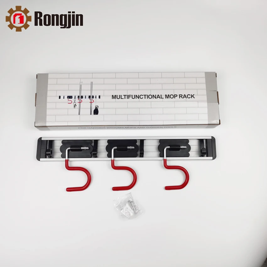 Wall Mounted Mop and Broom Holder Aluminum S Type Broom Rack Anti-Slip Mop Organizer 3 Positions 4 Hooks