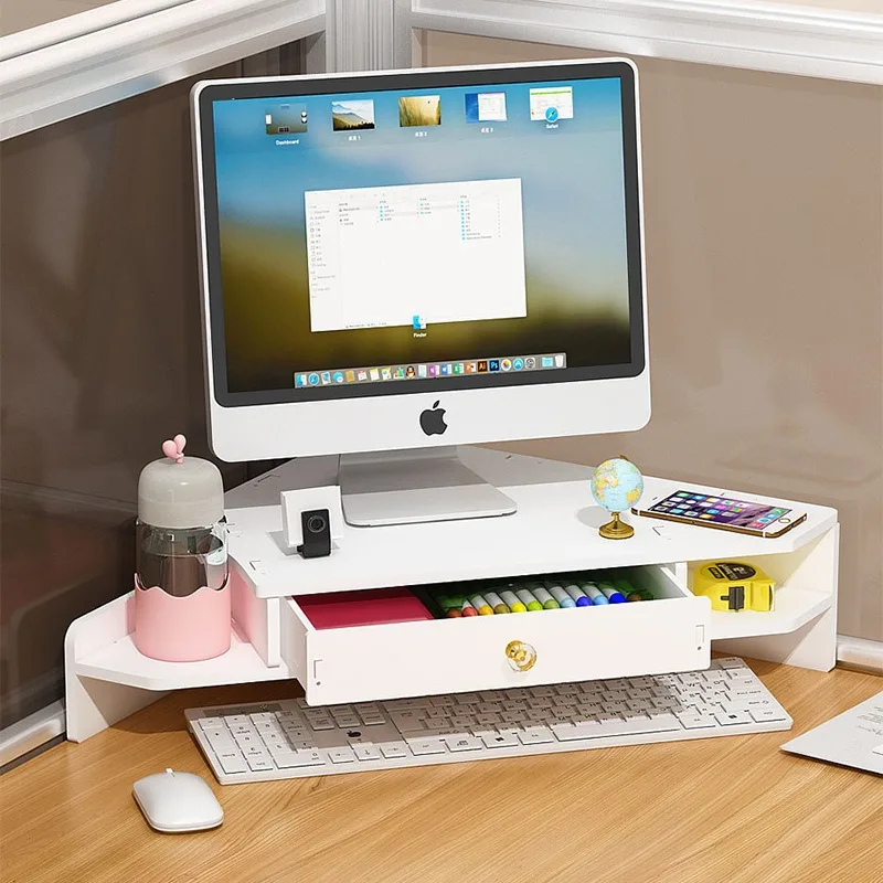 Corner Computer Raise Shelf with Drawer Storage Box Triangle Office Desk Desktop Monitor Organizer