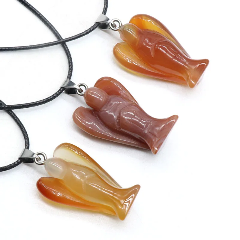Wholesale natural crystal agate jade raw stone polished guardian angel carved jewelry leather rope pendant necklace