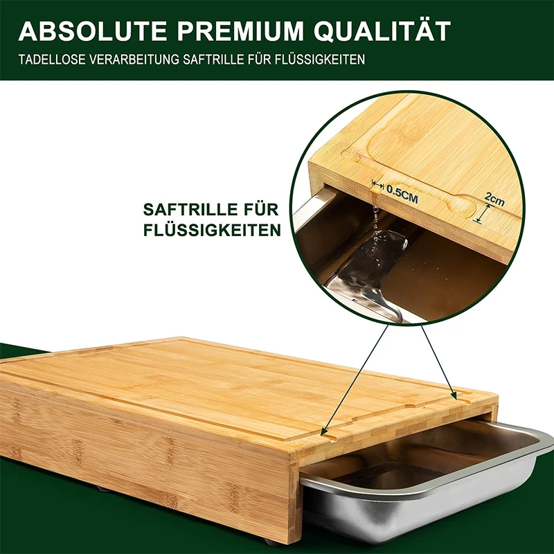 Chopping Board Made of High-Quality Bamboo Chopping Board with 3 Stainless Steel Crumb Trays Practical Wooden Board Kitchen Non