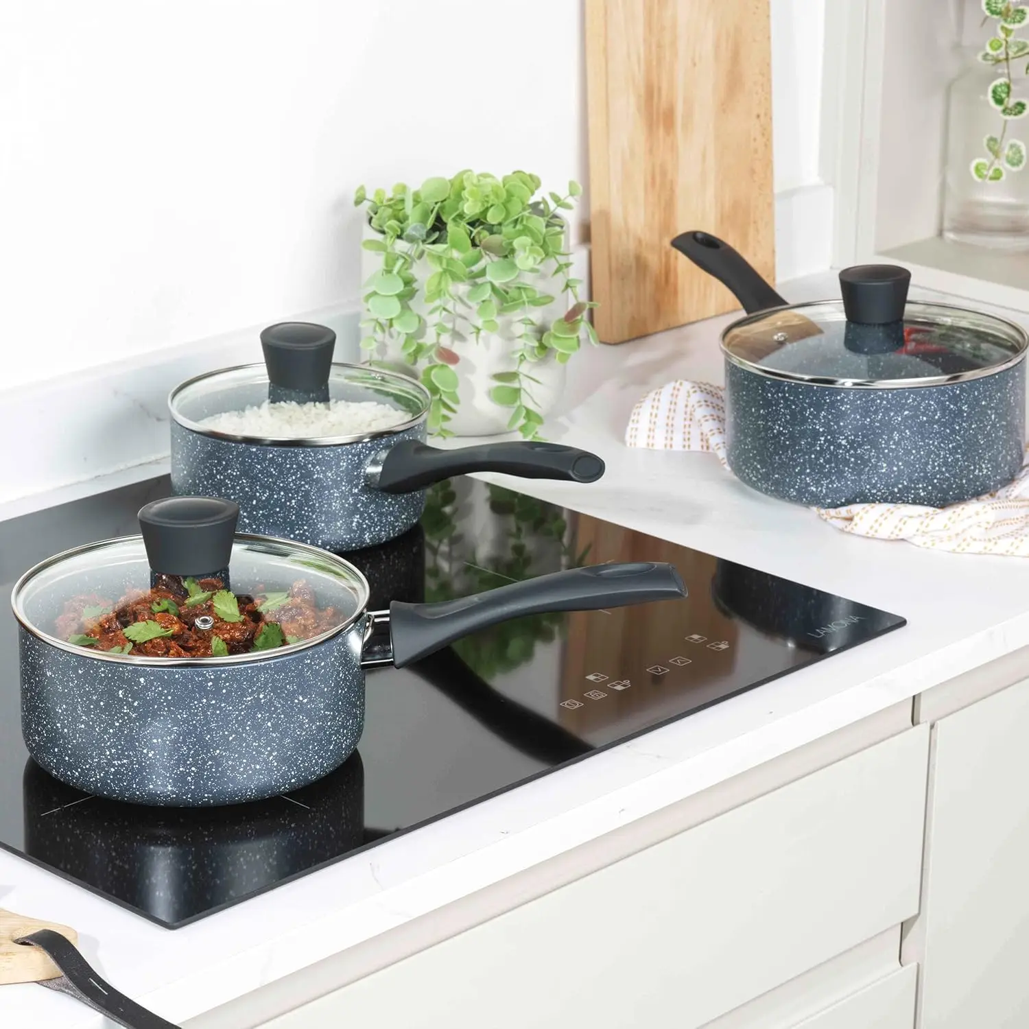 Wholesale 3003 Aluminum Alloy Non Stick Marble Coating Milk Pan With Glass Cover Non Stick Cooking Pots Factory Direct Sales
