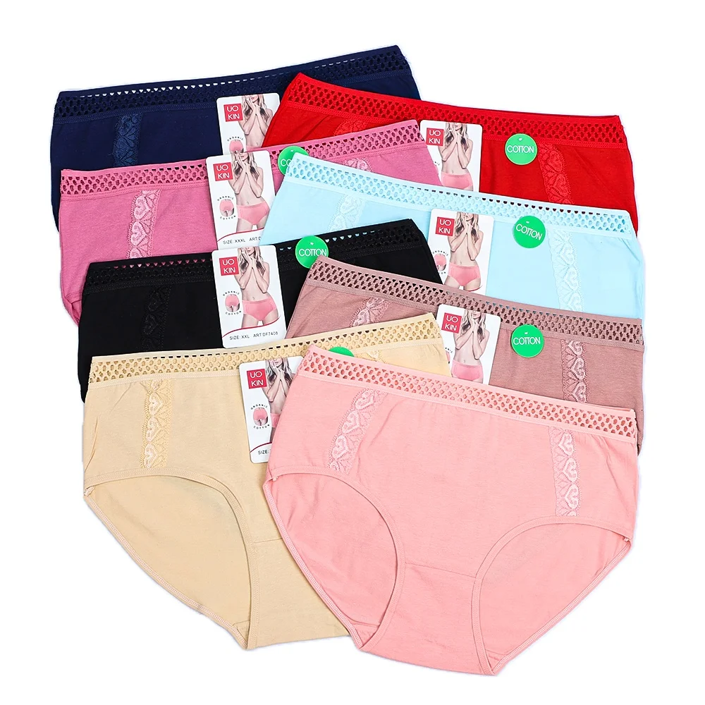 Custom big size moms cotton lace underwear panties 8 color solid mix pack for sale UOKIN A6087