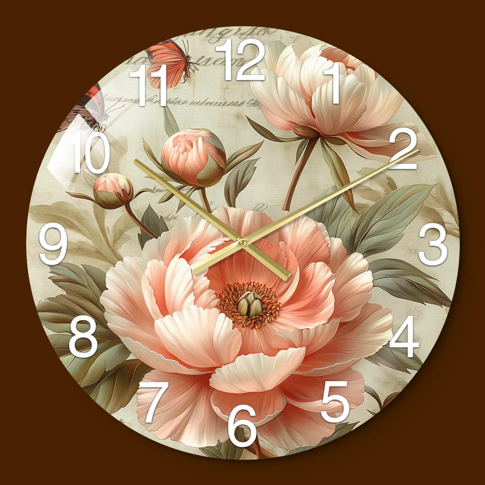 Home Decor Nordic Vintage Flower decoration Wall clock Luxury UV printed wall Painting Modern glass art painting wall clock