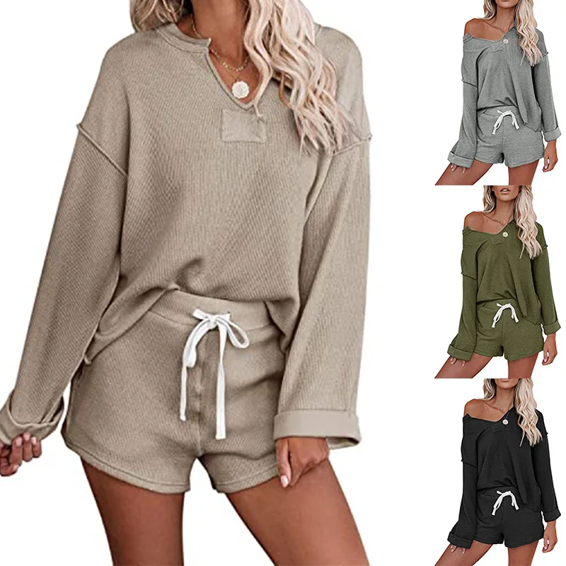 
High quality women sleepwear two piece ladies v neck drawstring off shoulder pajama set 2 piece sleepwear 