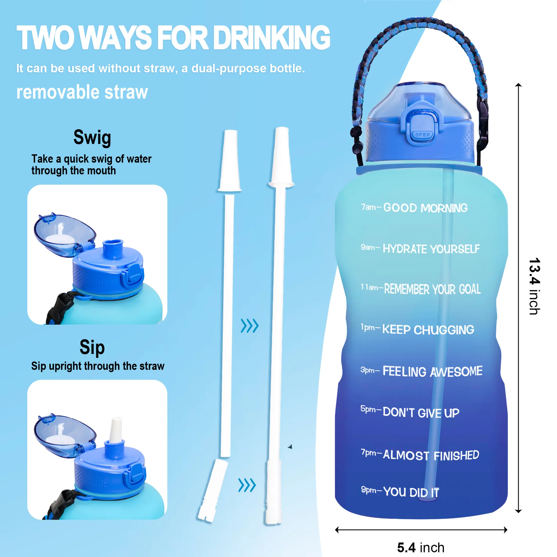 Gym and Outdoor Sports BPA Free Large Reusable Leakproof 3.8L Water Jug Sipper Water Bottle with Time Marker and Straw