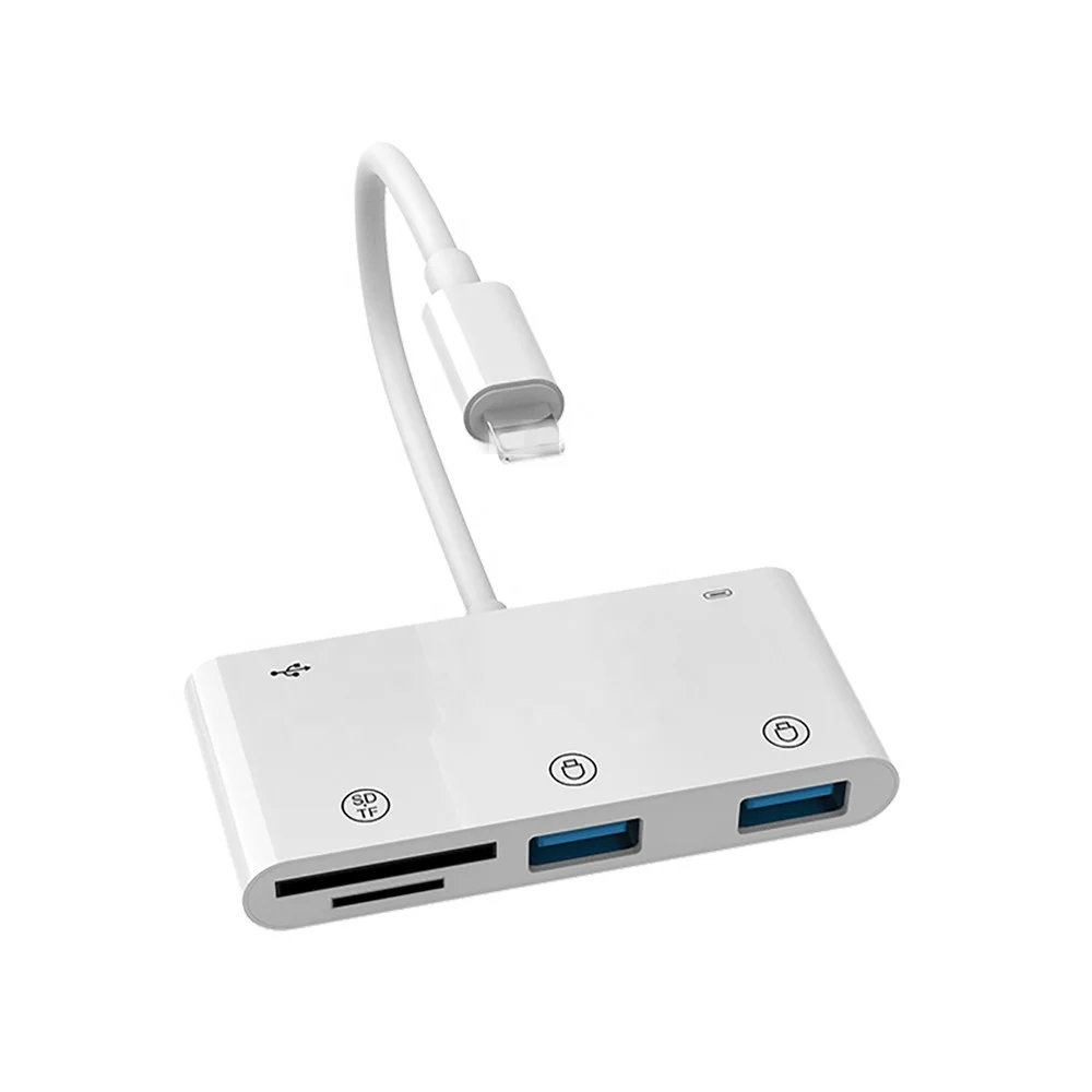 6 in 1 Light ning USB Camera Adapter with 2 USB and 1 USB C Female OTG Cable,SD / TF Card Reader and Charging Port for iPhone
