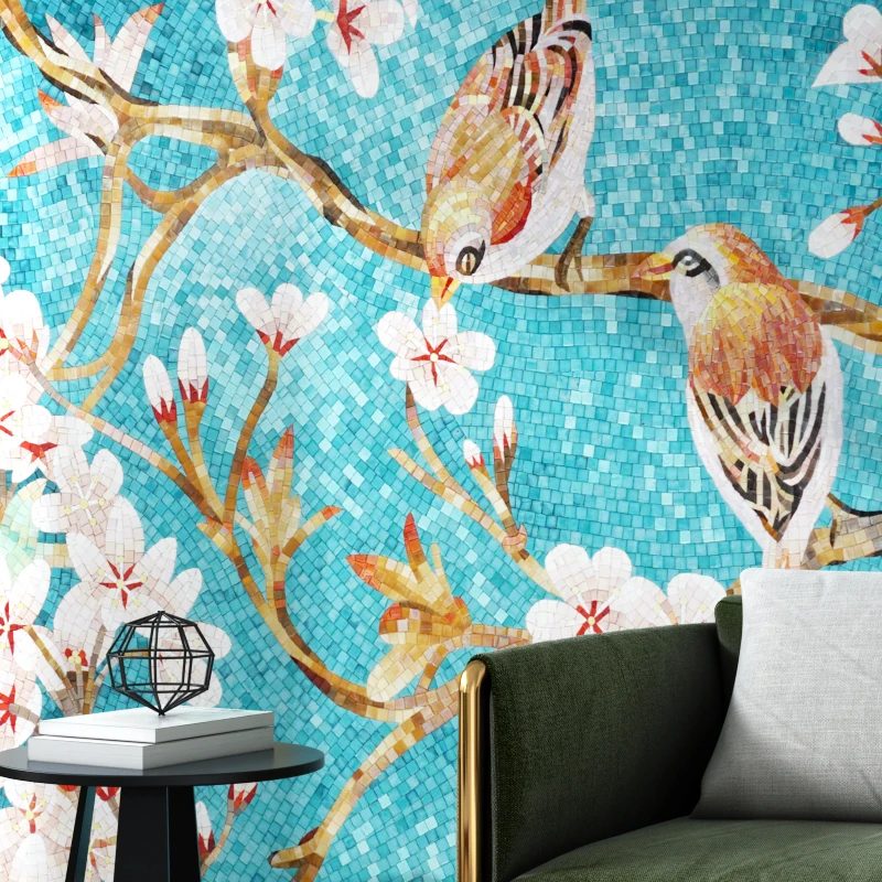 Hand Made Flower and Birds Pattern Art Design Glass Mural Mosaic Picture Decorative Tiles for Wall