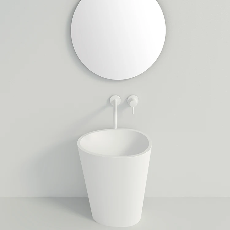 Discount price oval Free standing wash hand basin marble pedestal bathroom solid surface resin stone freestanding washbasin