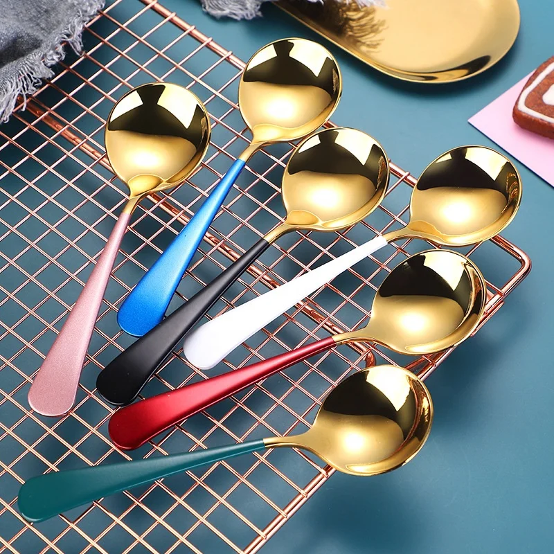 Wholesale Colourful Stainless Steel long handle spoon Korean Style Round Dinner Golden Spoon for Hotel Restaurant
