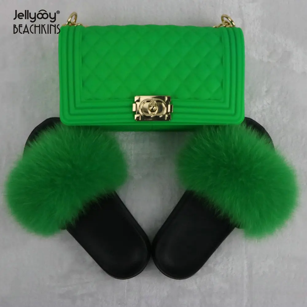 
Jellyooy BEACHKINS PVC Matte Jelly Bags With Fox Fur Slippers Sets Purse Bag Match Fur Slides Sandals Sets 