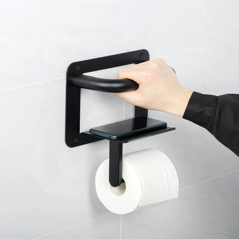 Wall Mounted Bathroom Grab Bars Handrail Shower Safety Grip Handle Toilet Paper Holder with Phone Shelf and Assist Bar