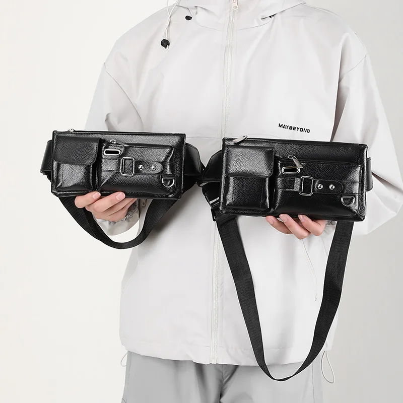 Premium Classic Men s PU Leather Waist Bag with Smartphone Pocket Korean Style Outdoor Casual Black Chest Bag