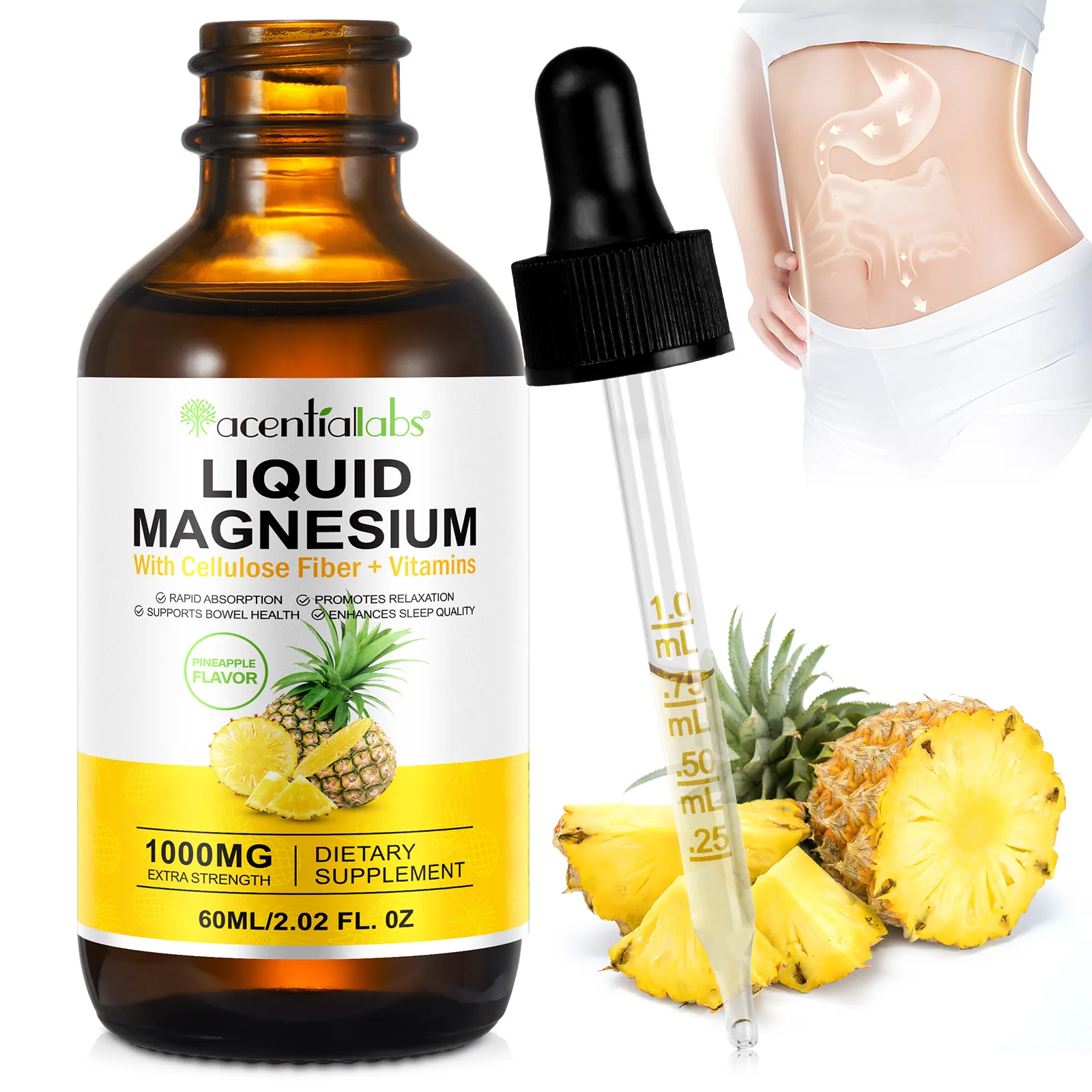 Acentiallabs 60ml liquid magnesium magnesium glycinate 500mg supplement liquid drops with cellulose fiber vitamins