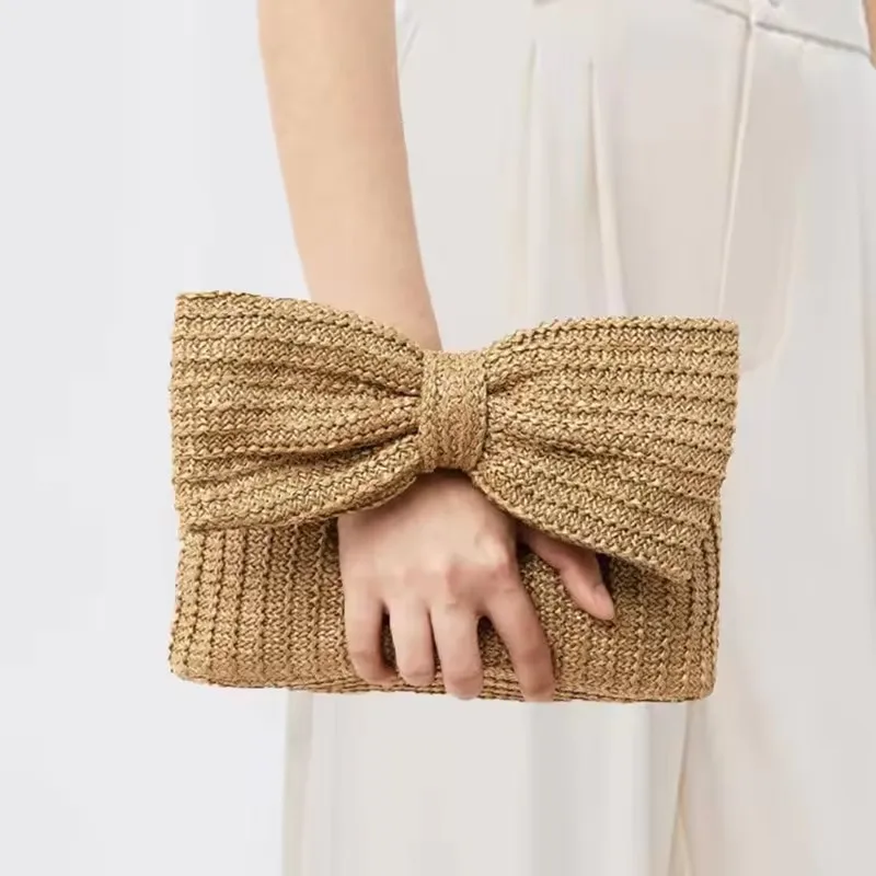 2024 New Fashion Bow Clutch Beach Picnic Travel Bag Boho Design Women Woven Raffia Straw Tote Handbag Purse for Ladies